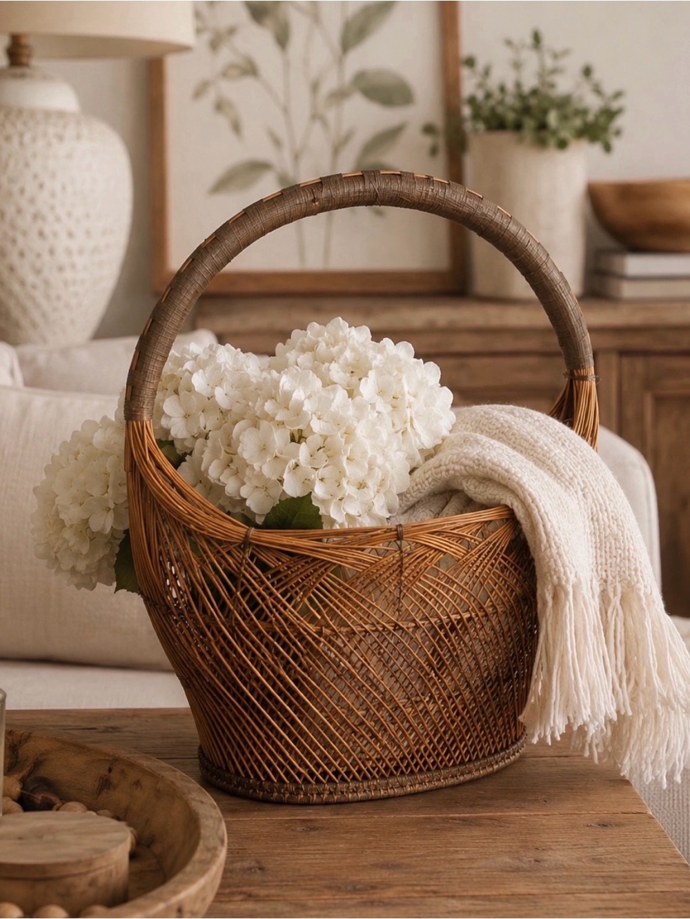 Handwoven Natural Rattan Basket Tote with Arch Handle
